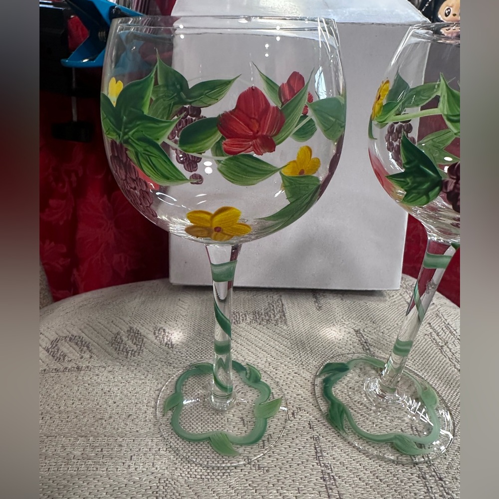 Floral Hand-Painted Wine Glasses Set of 2 NIB